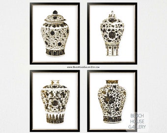 Black Ginger Jar Prints, Set of 4 , Black Chinoiserie White Vases, Black and Gold Art Prints, Traditional Asian Vase, Chinoiserie Chic