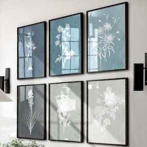 Blue & Gray Botanical Print Set: Rustic Farmhouse Wall Art