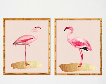 Pink Flamingo Art Prints: Modern Chinoiserie Wall Decor (Set of 2)
