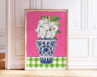 Chinoiserie Magnolia Art Print: Pink & Green Palm Beach Decor