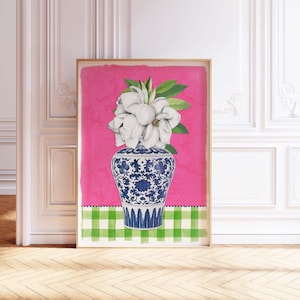Chinoiserie Magnolia Art Print: Pink & Green Palm Beach Decor