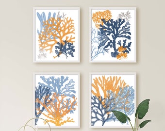 Orange and Blue Bathroom Decor, Coastal Wall Art, Orange and Navy Blue Coastal Decor, Boho Coastal Art, Orange and Blue Sea Coral Prints