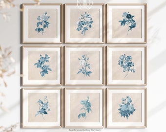 Set of 9 Blue Botanical Prints, Modern Farmhouse Wall Art, French Country Wall Art, Roses Print Set, Blue Cream Botanical Art