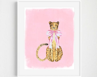 Watercolor Cheetah Print: Pink Bow, Palm Beach Chic Art