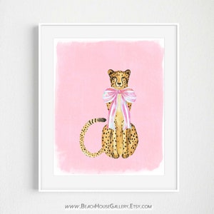 Watercolor Cheetah Print: Pink Bow, Palm Beach Chic Art