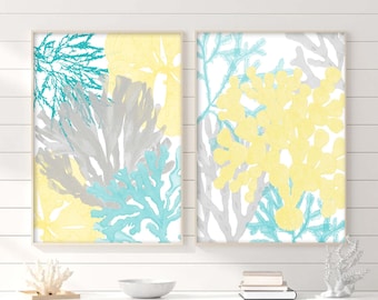 Yellow Gray Turquoise Home Decor, Aqua Gray Yellow Nursery Wall Art, Beach House Gallery, Turquoise Guest Room,, Gender Neutral Nursery Art