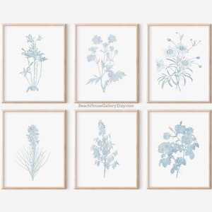 Light Blue Botanical Art, Blue White Wall Art, Hamptons Style Art, Grandmillennial Style Prints, Light Blue Floral Prints, Coastal Botanical