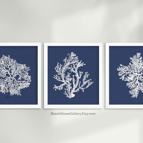 Blue Coral Wall Art Navy Blue Coral Print Navy White Wall Etsy
