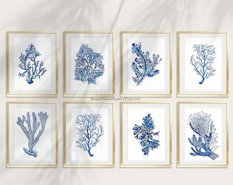 Modern Coastal Wall Art, Blue Coral Prints, Set of 8, Beach House Coastal Gallery Wall, Beach House Decor, Coastal Bedroom Art, Cobalt Blue