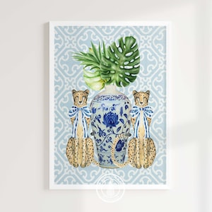 Blue Cheetah with Bow Chinoiserie Print, Blue Chinoiserie Art, Ginger Jar, Preppy Boy Nursery Art, Palm Beach Chic, Grandmillennial Art