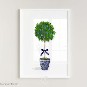 Blue White Chinosierie Topiary, Blueberry Watercolor, Gift for Plant Lover, Blue White Ginger Jar Print, Chinese Planter Preppy Wall Art image 1