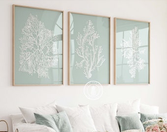 Sage Wall Art, Palladian Blue Art, Sea Foam Green, Coral Print Set, Palladian Blue Wall Art, Bathroom Wall Art, Bedroom Wall Art, Set of 3