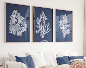 White Coral on Navy, Blue Coral Wall Art, Navy Blue Coral Print, Navy White Wall Art, Navy Blue Home Decor, Coral Print, Set of three