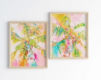 Tropical Palm Tree Art Prints: Pink & Green Beach House Decor (Set of 2)