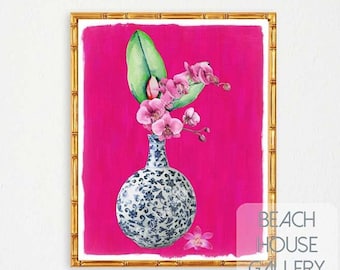 Hot Pink Chinoiserie Ginger Jar Vase, Floral Chinoiserie Print, Vase with Orchids Watercolor, Red Ginger Jar Print, Palm Beach Chic Decor