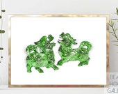 Foo Dog Art, Green Chinoiserie Wall Art, Foo Dog Prints, Temple Dog Watercolor Print, Green Chinese Pottery Print, Chinese Lion Print
