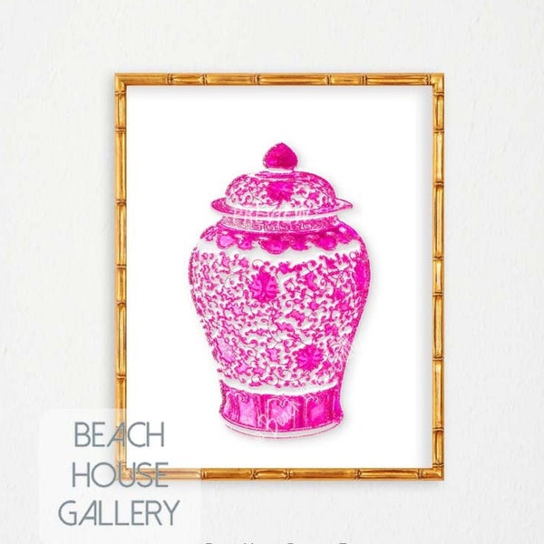 Pink Ginger Jar Art, Hot Pink Chinoiserie Art Print, Palm Beach Chic Decor, Pink Asian Vase Wall Art, Hot Pink Wall Art, Hot Pink White Vase