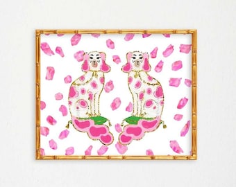 Pink Staffordshire Dogs Chinoiserie Print, Pink Green Wall Art, Preppy Decor, Palm Beach Style, Housewarming Gift, Pink Staffordshire Print