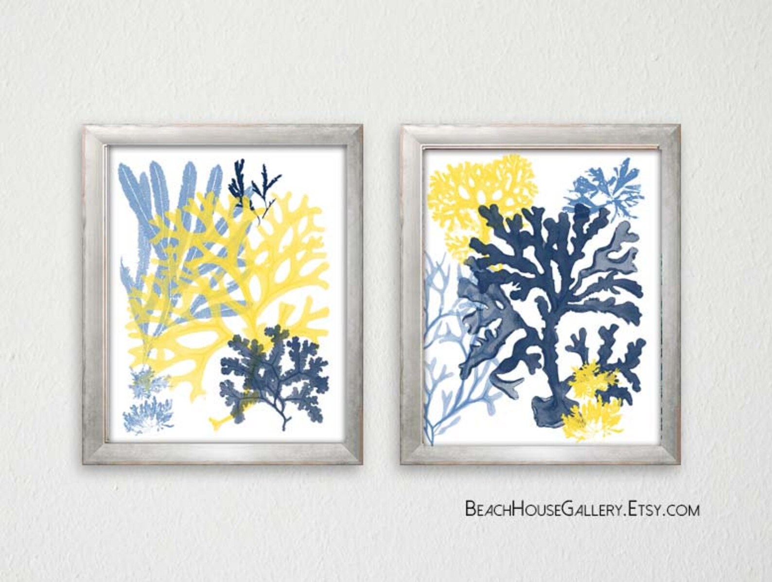 Navy Yellow Wall Art Navy Coral on White Blue Yellow Wall Etsy