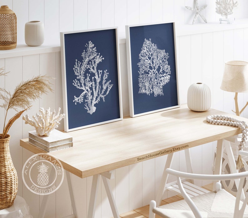 White Coral on Navy, Blue Coral Wall Art, Navy Blue Coral Print, Navy White Wall Art, Navy Blue Home Decor, Coral Print, Set of three image 6