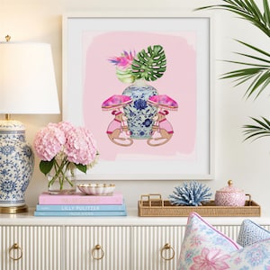 Pink Chinoiserie Monkey Print: Grandmillennial Palm Beach Art, Greenery Ginger Jar (Unframed)