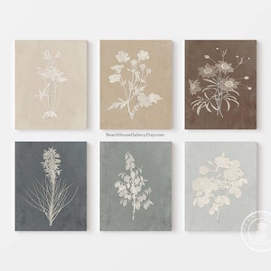Botanical Print Set, Rustic Farmhouse Gray Beige Botanical Prints, Cream Floral Prints, Living Room Decor, Gray Cream Taupe Botanical Art