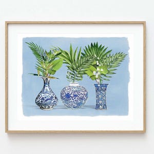Chinoiserie Palm Print: Blue Ginger Jar Coastal Wall Art