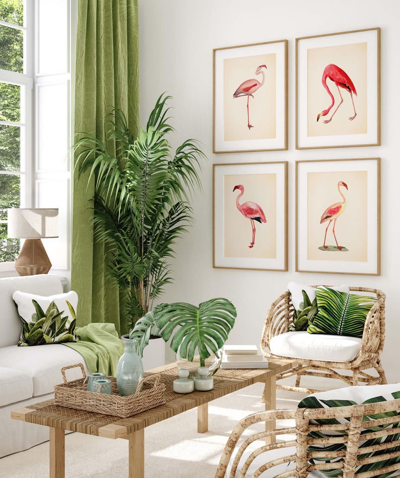 Flamingo Prints Set: Chinoiserie Chic, Tropical Wall Art image 7