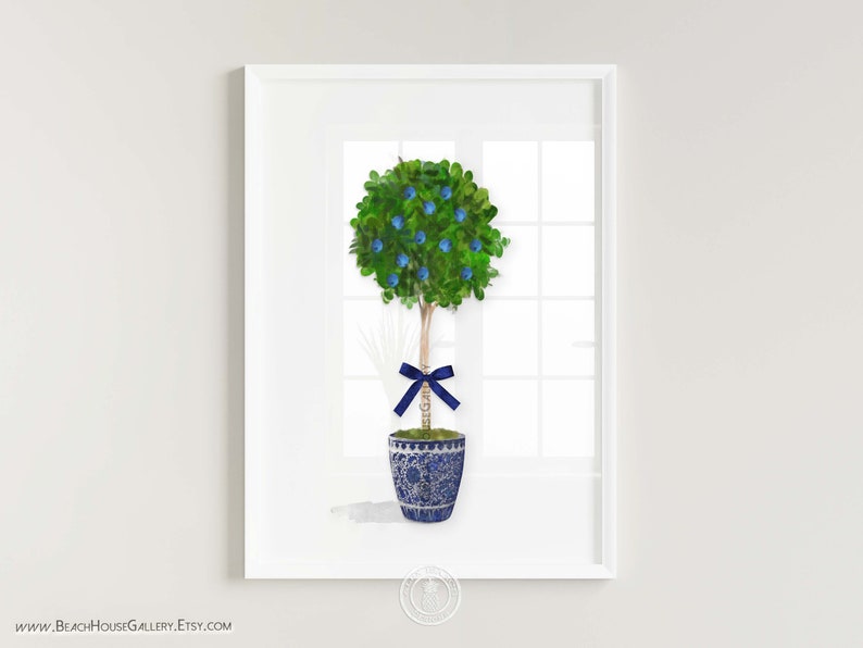 Blue White Chinosierie Topiary, Blueberry Watercolor, Gift for Plant Lover, Blue White Ginger Jar Print, Chinese Planter Preppy Wall Art image 1