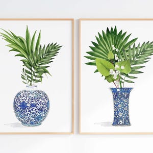 Chinoiserie Plant Art Print: Blue White Ginger Jar, Tropical Palm Bild 1