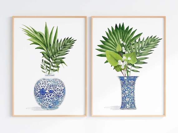 Chinoiserie Plant Art Print: Blue White Ginger Jar, Tropical Palm