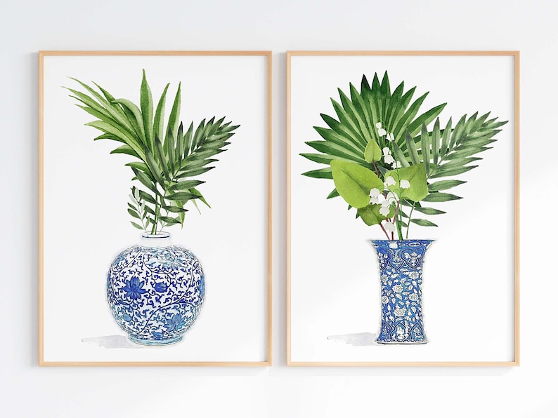 Chinoiserie Plant Art Print: Blue White Ginger Jar, Tropical Palm Bild 1