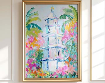 Chinoiserie Pagoda Art Print: Palm Beach Tropical Decor
