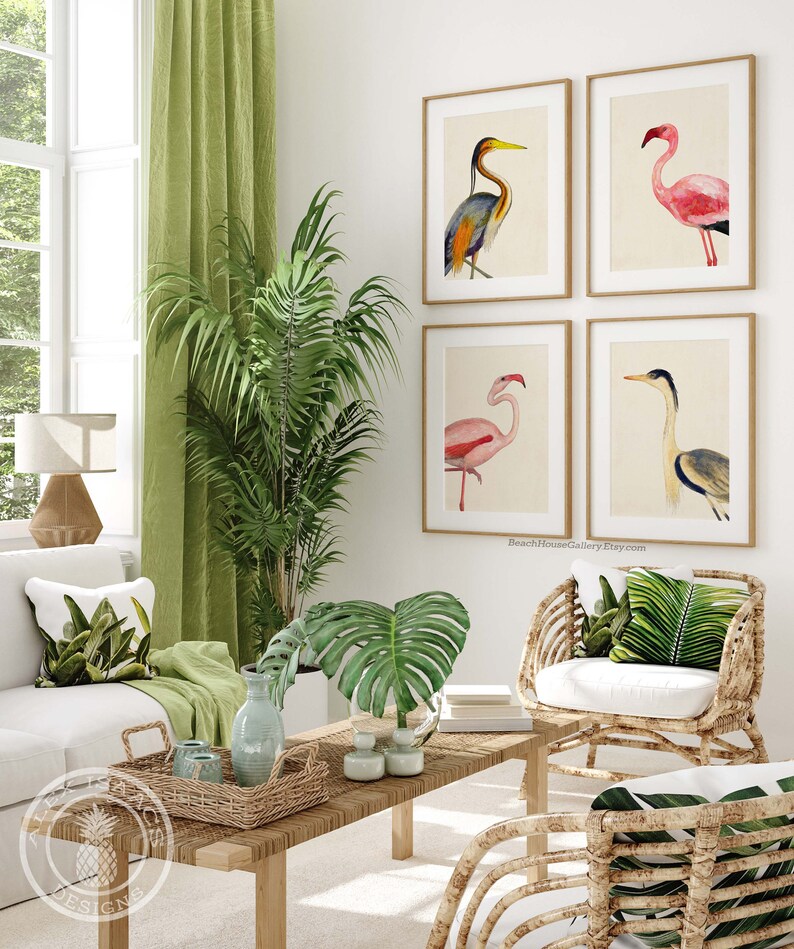 Coastal Bird Print Set of 4, Flamingo Heron Wall Art, Florida Beach House Decor image 6