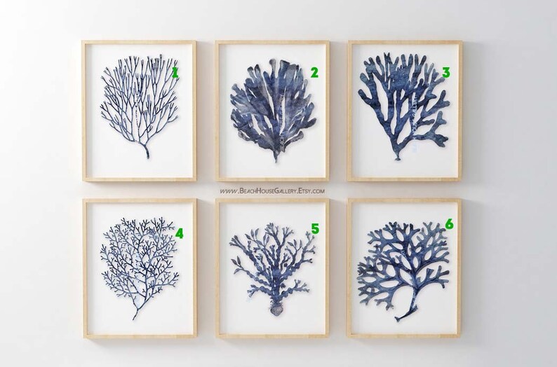 Seaweed Prints Indigo Coral Blue White Wall Art Coastal Etsy