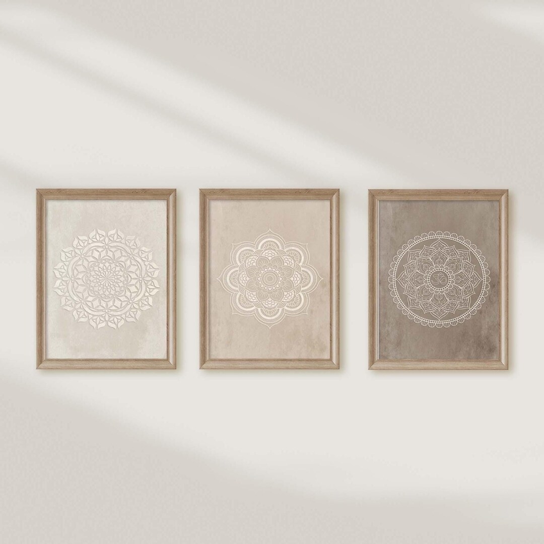 Neutral Mandala Wall Art Set of 3 – Minimalist Boho Art in Beige and ...