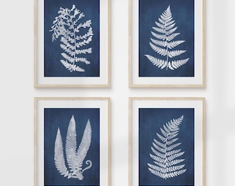 Blue Fern Prints, Navy Botanical Decor, Vintage Farmhouse Wall Art - Set Of 4, Matte Fine Paper