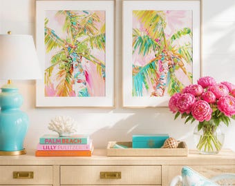 Palm Tree Painting, Tropical Pink Green Prints | Fine Art Paper, Gallery Wrapped Canvas | Set Of 2