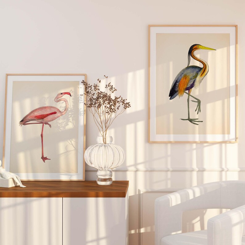 a living room with two framed pictures of birds, a glass vase with dried flowers, and a white chair.