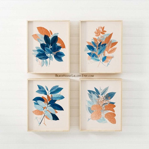 Blue Orange Wall Art Fall Living Room Art Modern Boho Wall Etsy