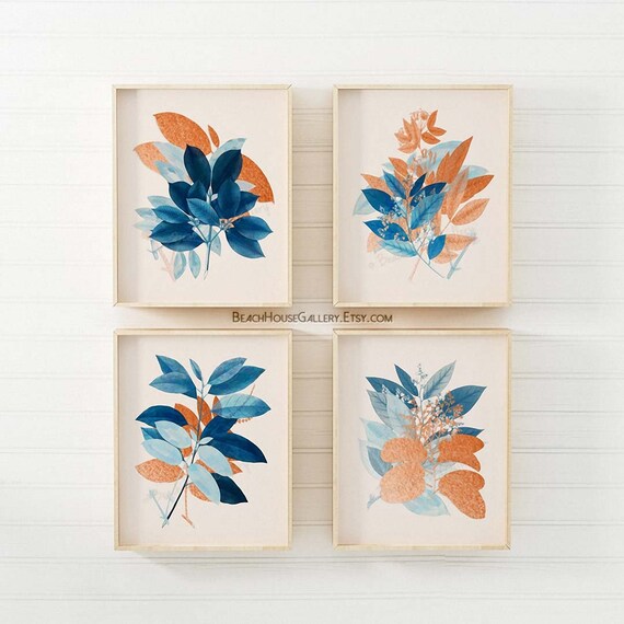 Blue Orange Wall Art Fall Living Room Art Modern Boho Wall Etsy