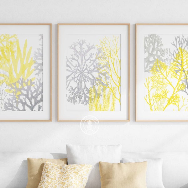 Yellow Gray Wall Art, Yellow Gray Coral Art Prints, Yellow Gray Beach Nursery Art, Gender Neutral Nursery, Yellow Gray Branches Bathroom Art