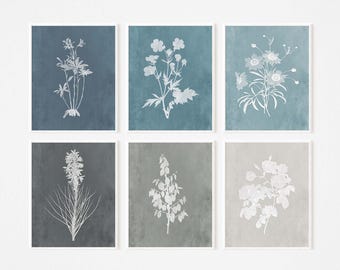 Blue & Gray Botanical Print Set: Rustic Farmhouse Wall Art