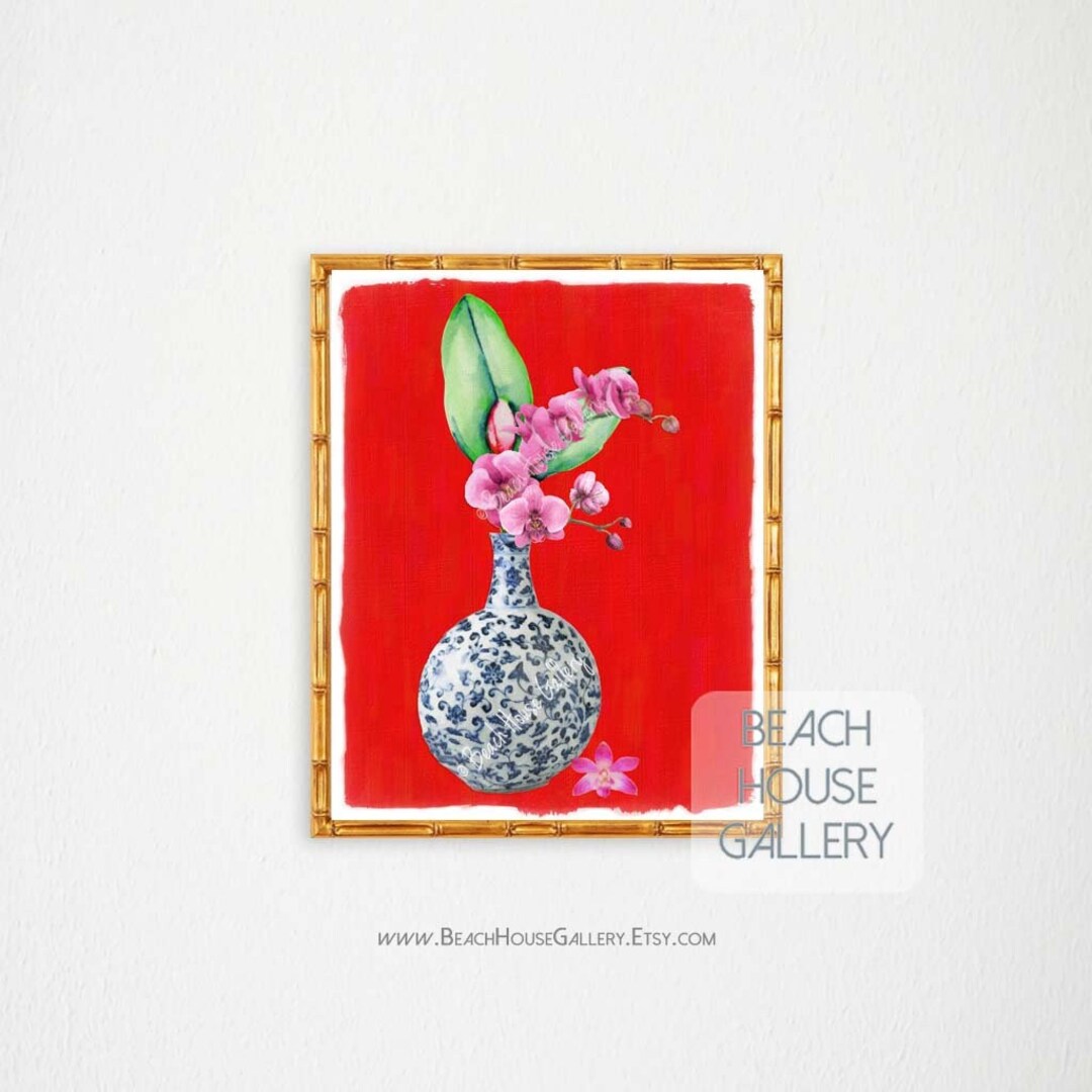 Red Chinoiserie Ginger Jar Vase Floral Chinoiserie Print Etsy