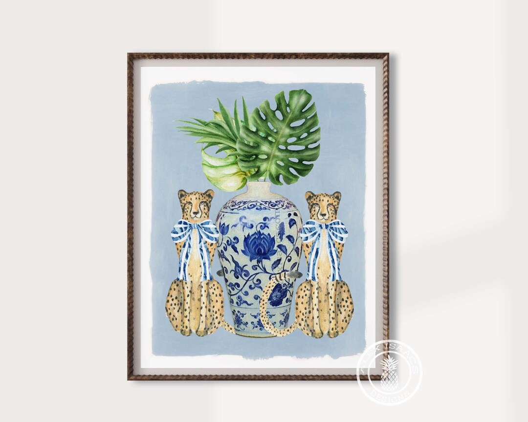 Blue Ginger Jar Print With Cheetah, Chinoiserie Wall Art, Ginger Jar Print, Beach House Gallery