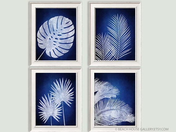 Blue Leaf Prints Tropical Decor White And Blue Leaves Palm Leaf Tropical Art British Colonial Bedroom Blue And White Botanical Prints