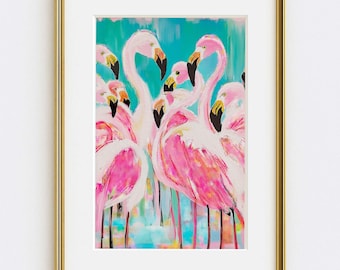 May include: A framed art print featuring a group of pink flamingos with black-tipped beaks against a vibrant turquoise background. The painting uses expressive, textured brushstrokes to depict the birds in various poses within a gold frame.