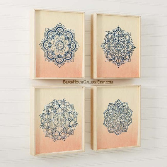 Mandala Prints Navy Peach Bedroom Decor Peach Navy Boho Nursery Art Coral Navy Wall Art Peach Bohemian Living Room Wall Art Coral Navy
