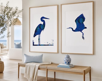 Blue Heron Prints, Navy Nautical Bird Art, Coastal Chinoiserie, Bathroom Wall Decor