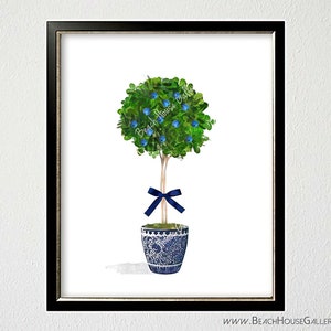 Blue White Chinosierie Topiary, Blueberry Watercolor, Gift for Plant Lover, Blue White Ginger Jar Print, Chinese Planter Preppy Wall Art image 4